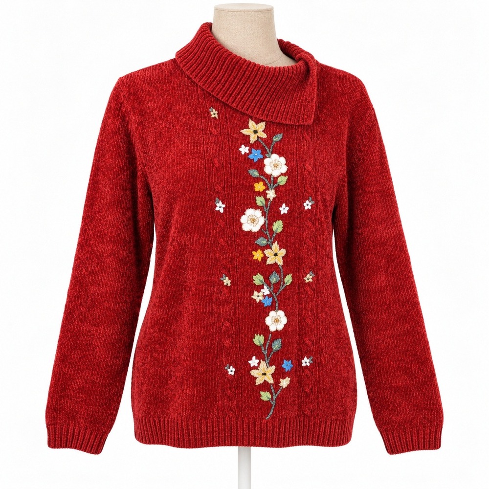 Vintage 90s Floral Embroidered Turtleneck Sweater Size L Red Cottagecore Granny